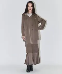 【Ameri】JACKET SET FLUFFY LACE DRESS(カーキ)