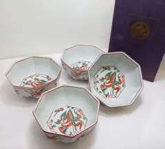 Y3122-35 橘吉 色絵 花鳥八角小鉢 皿 4客セット　せ