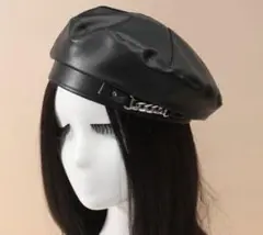 ブラックレザーベレー帽 頭囲54-56cm