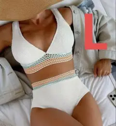 ビキニ　Bikini 水着　韓国　体型カバー　白　バイカラー　L　ハイウエスト