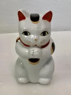 쇼와 레트로 お願い猫 祈り猫 12cm 陶器 三毛猫 両手合わせ 縁起物 置物