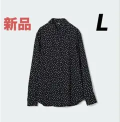 新品　UNIQLO レーヨンプリントブラウス　黒　ドット・長袖　L