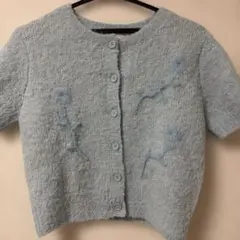 ZARA 刺繍入りニットカーディガン フラワー ブルー