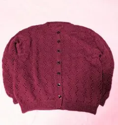 ハンドメイド　ニット　えんじ色　カーディガン　透け柄　L〜2L