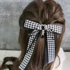 千鳥格子 黒白 ロングリボン ヘアバレッタ ハートチャーム 地雷系 量産型