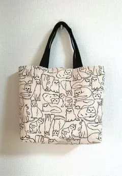 猫デザイン リバーシブルトートバッグ ベージュ ハンドメイド
