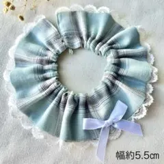 【送料無料・匿名配送】猫　首輪　フリルスタイ　ゴム　グリーン　チェック　5.5