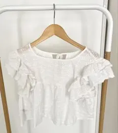 Heather ヘザー シャツ ブラウス 半袖 フリル ショート丈 花柄 F 白