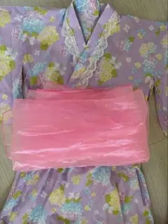 浴衣 140cm 浴衣ワンピース　セパレート 帯付き 紫 花柄　ライラックのサムネイル