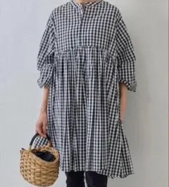 かぐれ リネン チェックギャザーワンピース 半袖 - メルカリ