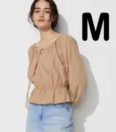 【美品】UNIQLO ユニクロ エンブロイダリー ブラウス 七分袖 ベージュ M