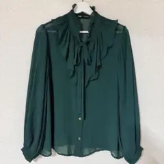 ZARA ザラ ボウタイ ブラウス プリーツ 長袖 シアー グリーン L