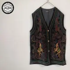 【美品】ベスト　ヴィンテージ　ペイズリー柄　アンティーク　象　総柄　黒　ブラック
