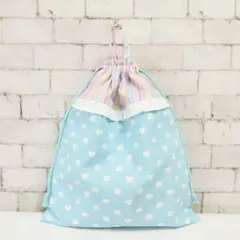 ループ付き体操服袋　水色ハート×ゆめかわストライプ　フリル巾着　再販　カラフル