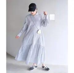 ボリュームストライプ ロングシャツワンピース