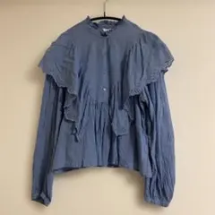 【ZARA】フリル付き ライトブルー 長袖 ブラウス Sサイズ