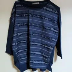 ネイビー ストライプ フリンジ 五分袖 トップス