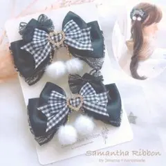 ❤︎チェックリボンとポンポンさくらんぼ❤︎ブラック　黒　推し　量産型　ヘアクリップ