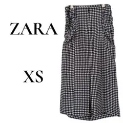 ZARA ギンガムチェック タイトスカート ギャザー XS ネイビー 綿100%のサムネイル