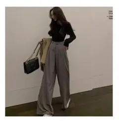 韓国ファッション美ラインスタイルアップゆったりスラックスパンツグレー