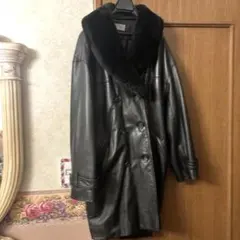 古着　from mi ブラックレザージャケット ファー襟レディース難ありボタン