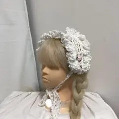 ハンドメイド ヘッドドレス フリル レース糸 白 薔薇