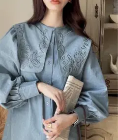 ClassicalElf 3wayコード刺繍ビッグカラーダンガリーブラウス