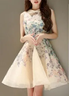 【お値引き セール品】白襟 花柄 ワンピース・ノースリーブ ドレス （ベージュ）