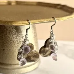 フォッシルパームルート　天然石　アメジスト　ハンドメイド　ピアス