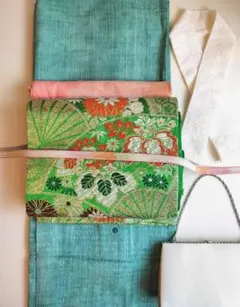 華やかな名古屋帯◎緑＆オレンジ＆ターコイズ