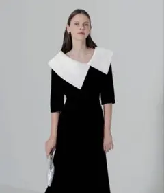 Leja アシンメトリービッグカラーベロアマーメイドシルエットドレス