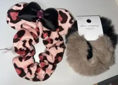 豹柄リボン付きシュシュとグレー、ブラックのファーゴム2個セット