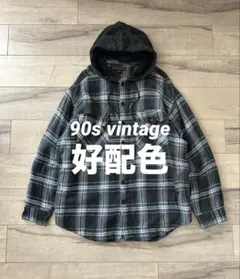 【配色◎/フェード◎】90s vintage ネルシャツ パーカー 黒×青×白