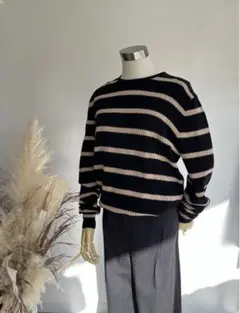 ストライプ 長袖ニットセーター BLACK beige サイズXＬ