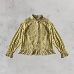 フリル袖 ゴールド系 ストライプ シアー ブラウス 長袖 レトロヴィンテージ風