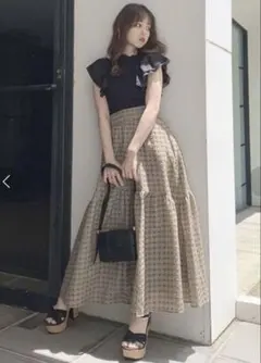 美品dazzlin 千鳥柄ボリュームフレアスカート ロング 茶 F 美シルエット