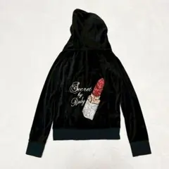 【レディ】ベロア パーカー（M）フルジップ リップ スパンコール 英字ロゴ 黒