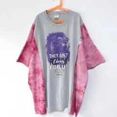 古着リメイクTシャツ　グレー×ピンクタイダイ切り替え　ゆったりサイズ　ロング丈