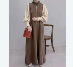 【美品】un dix cors 配色ニットロングワンピース ハイネック 茶 F