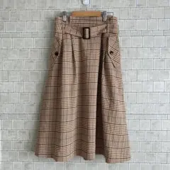 マジェスティックレゴン　チェック柄　ひざ丈スカート　ベルト付き　M　ブラウン系