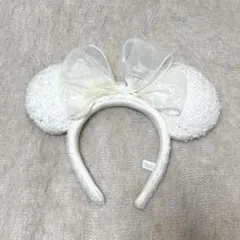 ディズニー カチューシャ 耳 ミニー 白 ツイード シフォンリボン