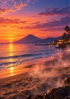 【イラスト】富士山と夕陽の海岸風景 アートポスター