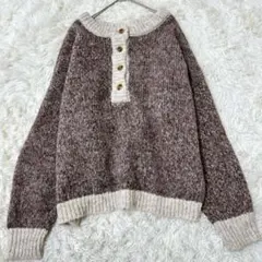 Java ジャバ ニット セーター 配色 ブラウン M ゆるだぼ　ゆるかわ　秋冬