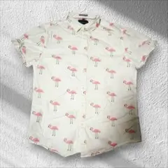 【夏に映える】DENIM & FLOWER フラミンゴ 総柄 半袖シ【D102】