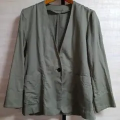 ノーカラージャケット　カーキ　GU　 綿麻　ジーユー　レディースコートアウター