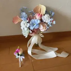 ウェディングブーケ　造花　結婚式　前撮りブーケ　水色　ピンク　白　チューリップ