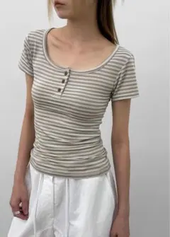 Myucol Stripe Henley Neck Sleeve Teeのサムネイル