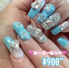 ネイルチップオーダー韓国ワンホンシンプルy2k水色埋めつくしギャル量産型リボン