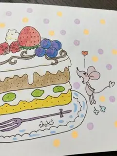 shoke 手描きイラスト ケーキとネズミ