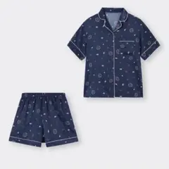 サテンパジャマ 半袖 ショートパンツ ネイビーのサムネイル
